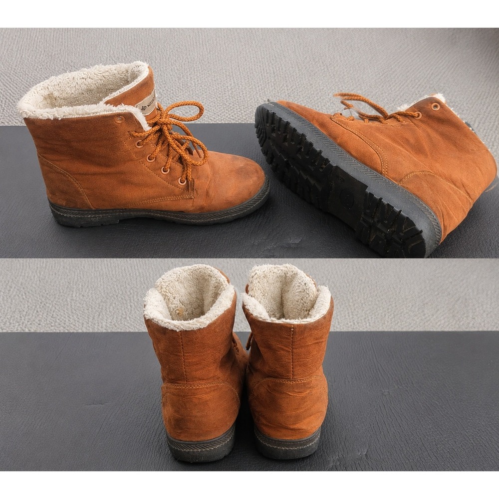 Womens Tan Brown Faux Suede Lace Up Ankle Boots Faux Shearling Lined Lug Sole